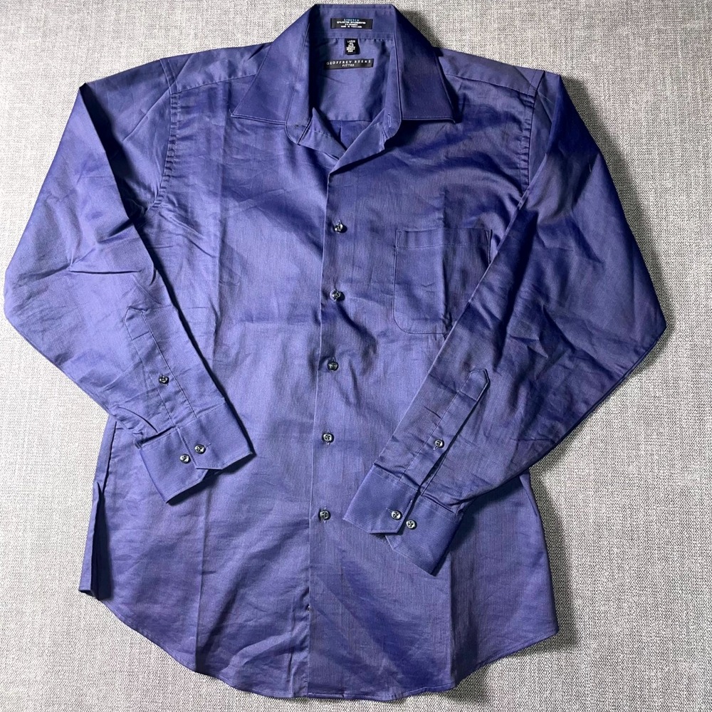 Geoffrey Beene Dress Shirt Mens 16.5 Blue Cotton Stretch Pleated Wrinkle Free